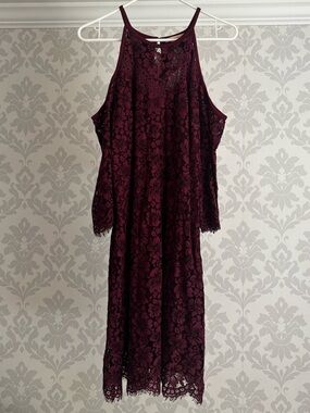 NWT Skies Are Blue Burgundy Lace Crochet Cold-Shoulder Midi Dress